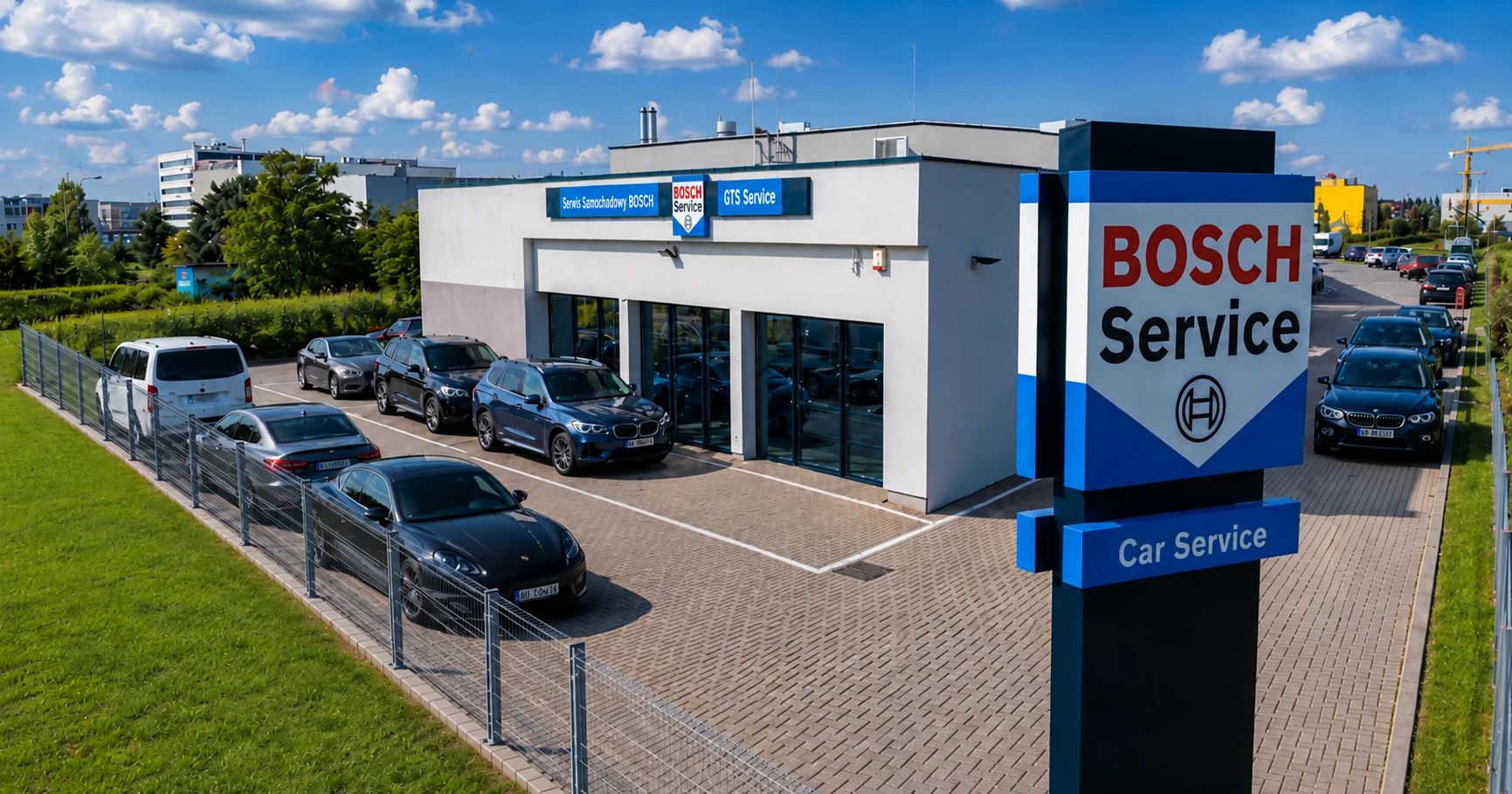 Budynek i szyld Bosch Car Service GTS, serwis samochodowy Wrocław